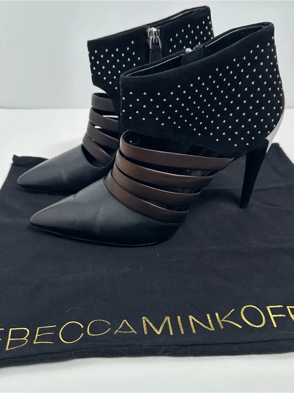 Rebecca Minkoff Caesar Studded Heels Black Leather & Suede Size 8